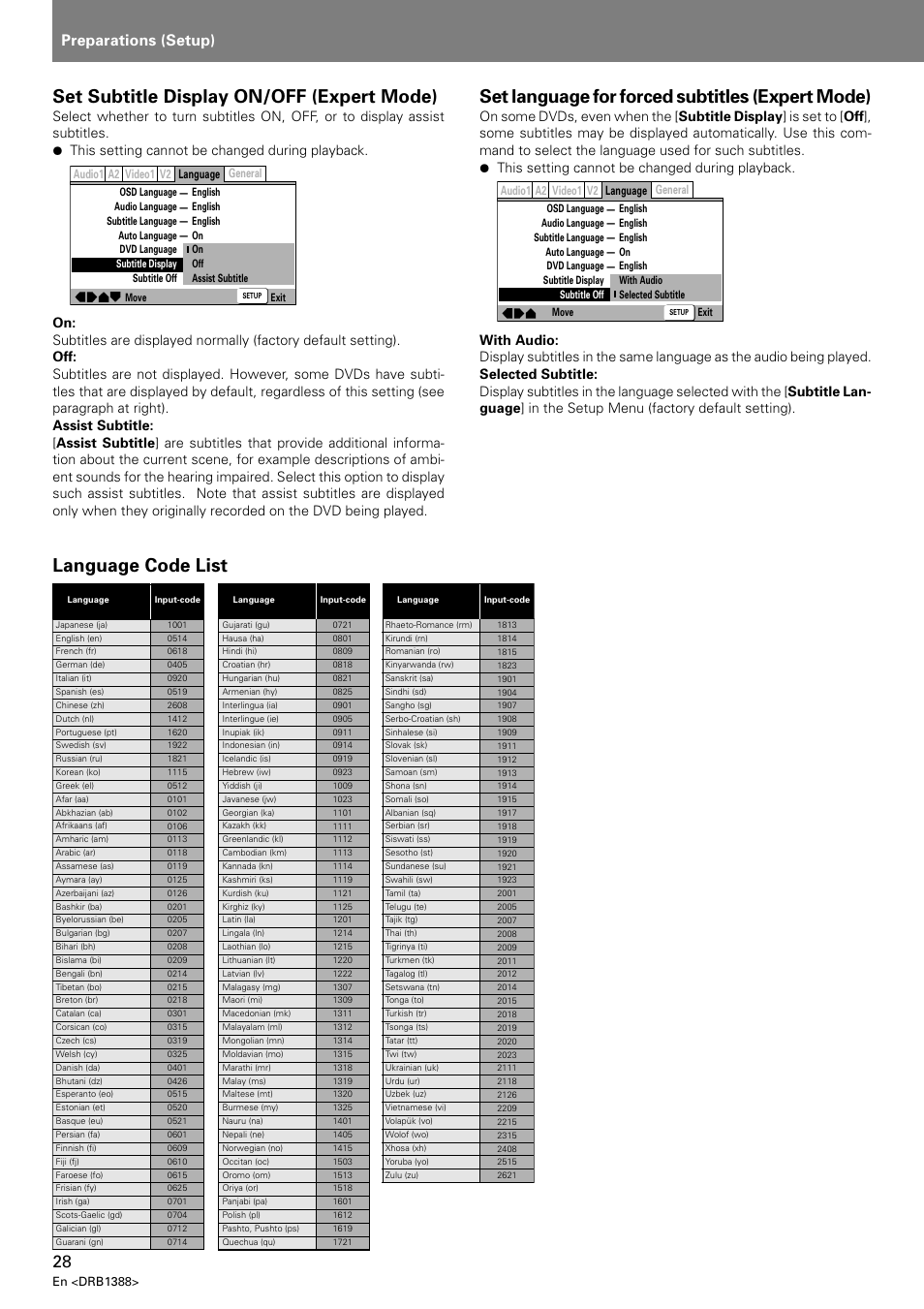 Set subtitle display on/off (expert mode), Set language for forced subtitles (expert mode), Language code list | Preparations (setup) | Pioneer DVJ-X1 User Manual | Page 32 / 308