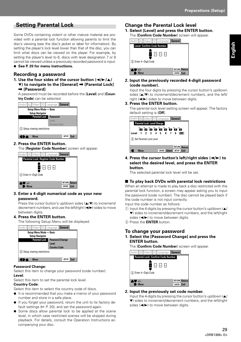Setting parental lock, English, Recording a password | Change the parental lock level | Pioneer DVJ-X1 User Manual | Page 33 / 308