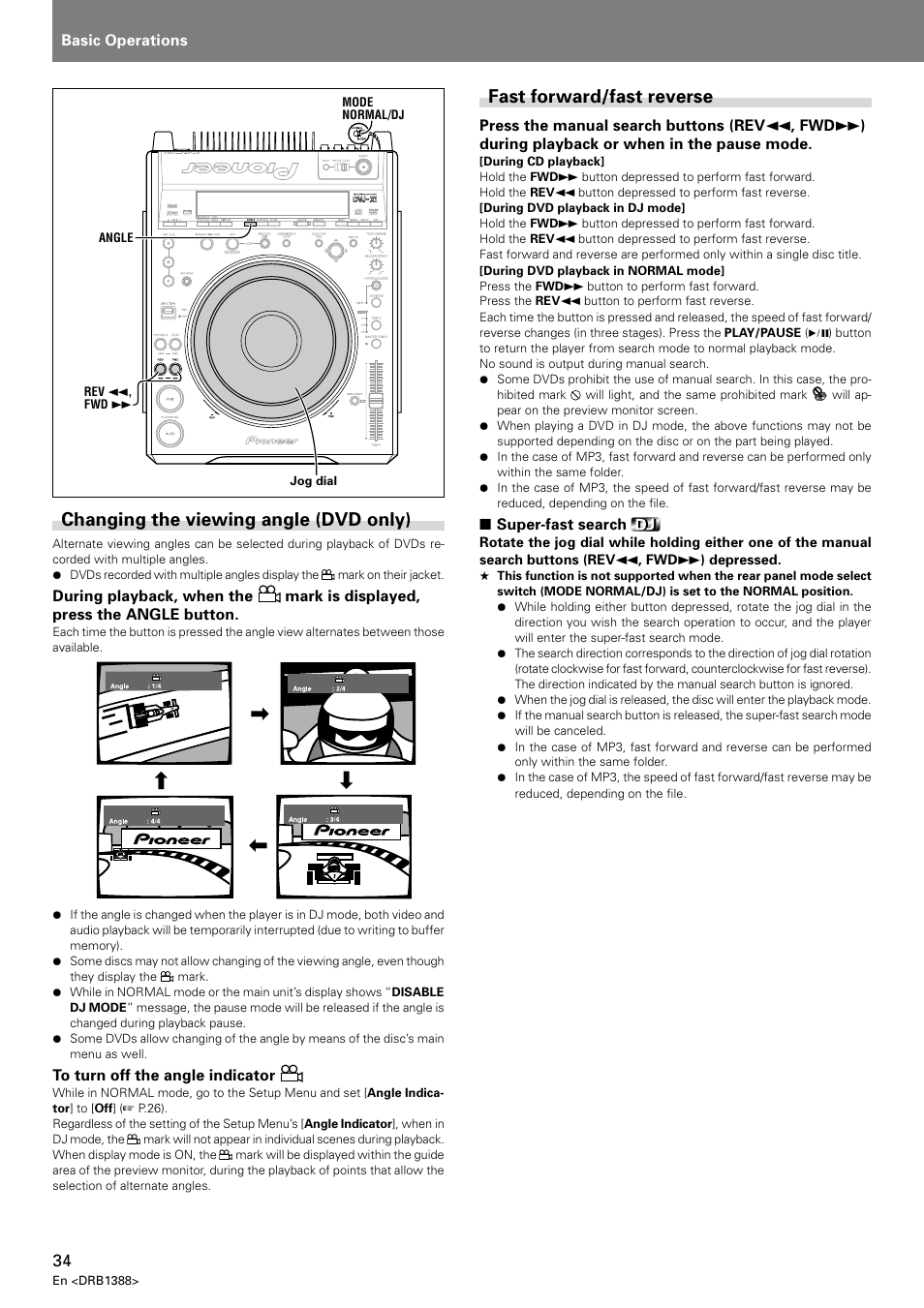 Fast forward/fast reverse, Changing the viewing angle (dvd only) | Pioneer DVJ-X1 User Manual | Page 38 / 308