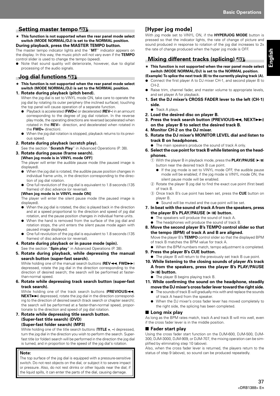 English, Setting master tempo, Jog dial functions | Hyper jog mode, Mixing different tracks (splicing) | Pioneer DVJ-X1 User Manual | Page 41 / 308