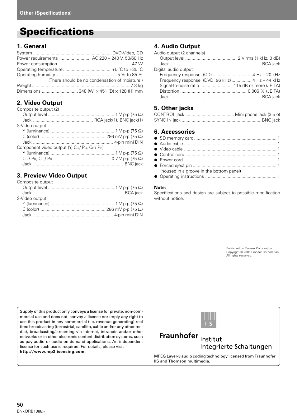 Specifications, General, Video output | Preview video output, Audio output, Other jacks, Accessories | Pioneer DVJ-X1 User Manual | Page 54 / 308