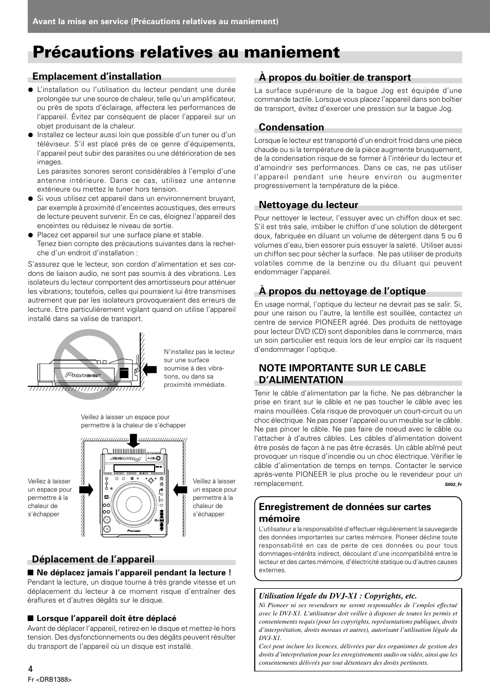 Précautions relatives au maniement, Emplacement d’installation, Déplacement de l’appareil | À propos du boîtier de transport, Condensation, Nettoyage du lecteur, À propos du nettoyage de l’optique, Enregistrement de données sur cartes mémoire | Pioneer DVJ-X1 User Manual | Page 58 / 308