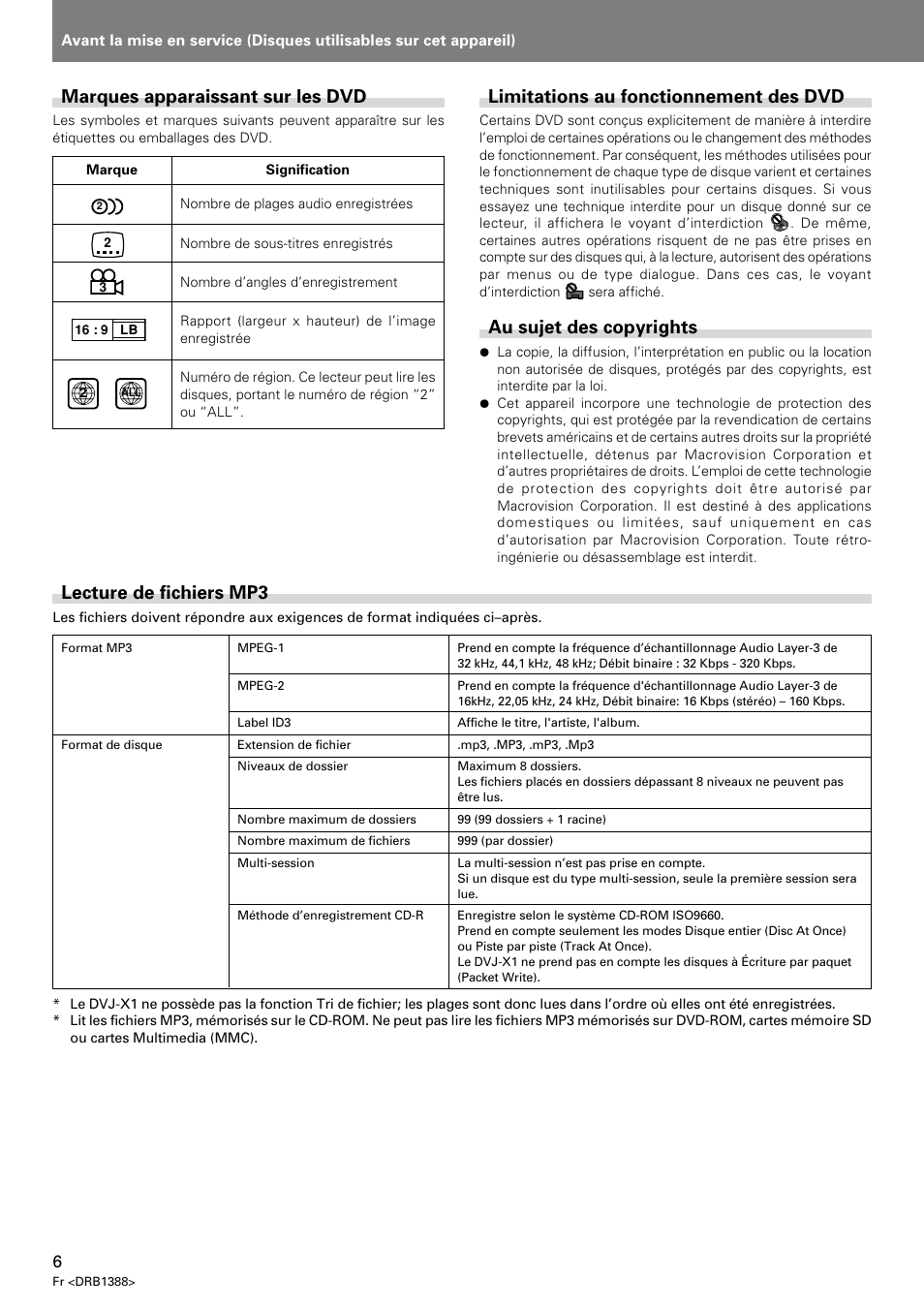 Limitations au fonctionnement des dvd, Au sujet des copyrights, Lecture de fichiers mp3 | Marques apparaissant sur les dvd | Pioneer DVJ-X1 User Manual | Page 60 / 308