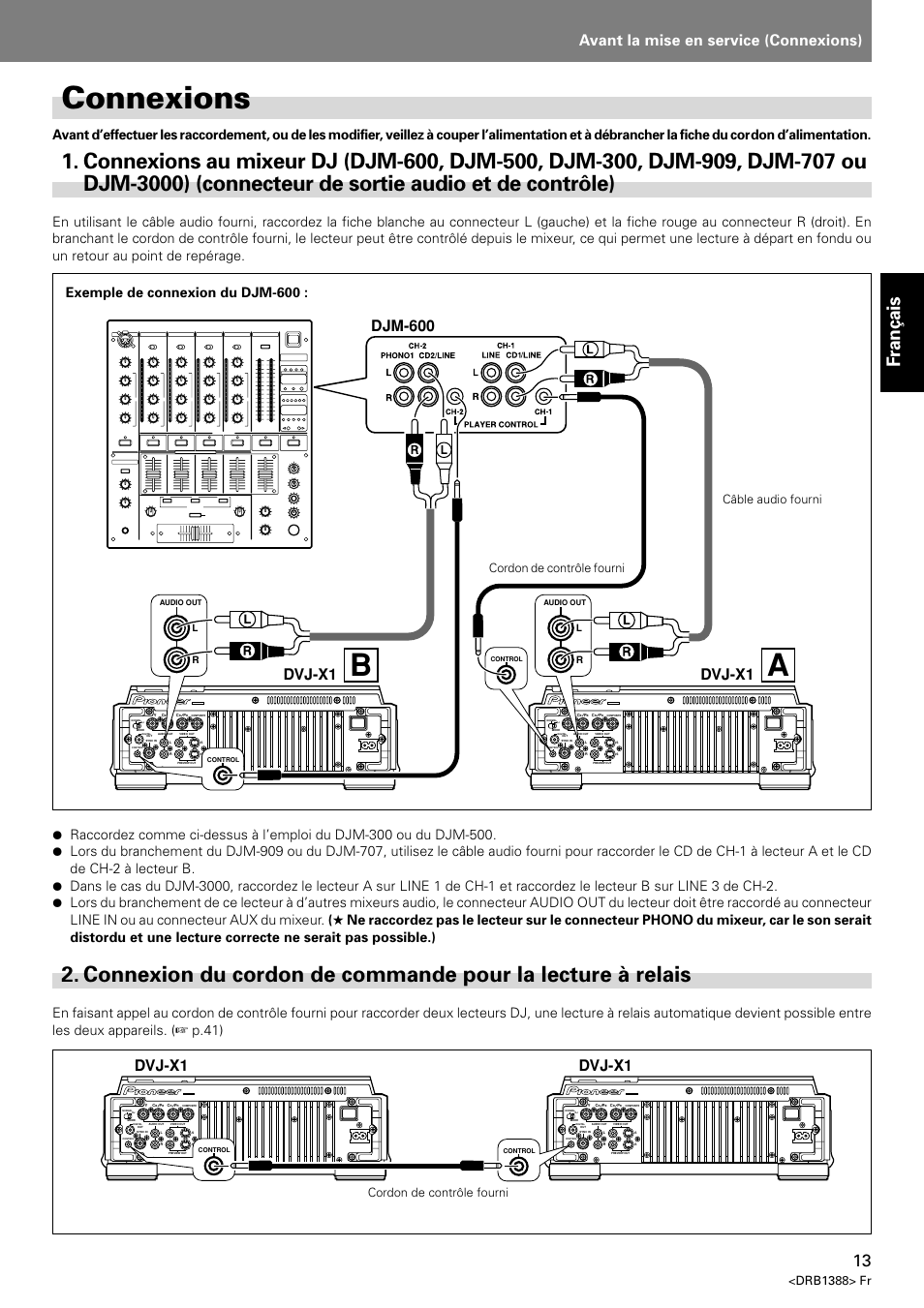 Connexions, Connexions au mixeur dj (djm-600, djm-500, Connexion du cordon de commande pour | La lecture à relais, Aconnexions, Français, Avant la mise en service (connexions), Djm-600 dvj-x1, Dvj-x1, Drb1388> fr | Pioneer DVJ-X1 User Manual | Page 67 / 308