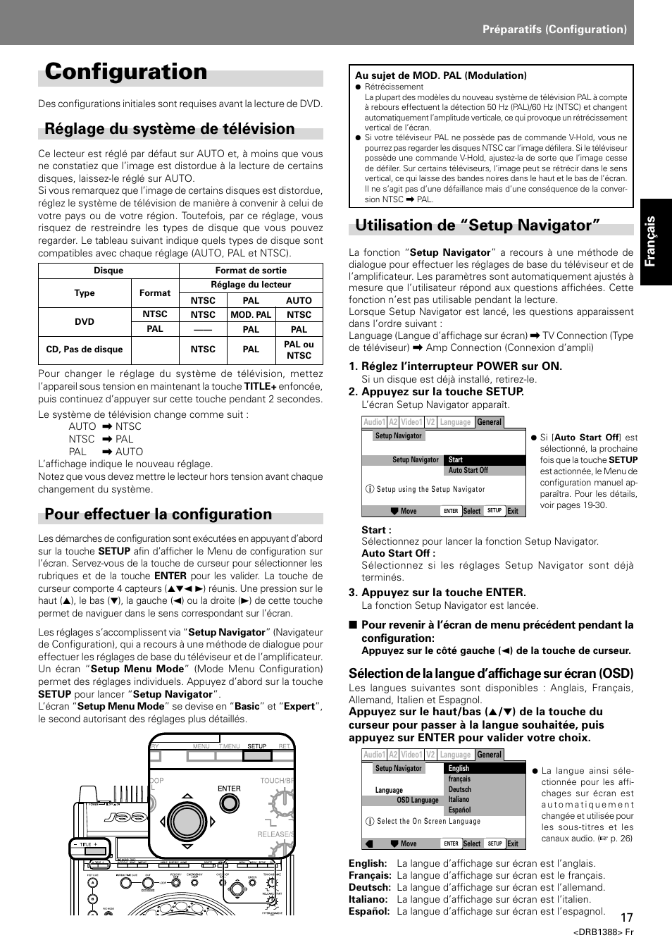 Configuration, Réglage du système de télévision, Utilisation de “setup navigator | Pour effectuer la configuration, Français, Sélection de la langue d’affichage sur écran (osd) | Pioneer DVJ-X1 User Manual | Page 71 / 308