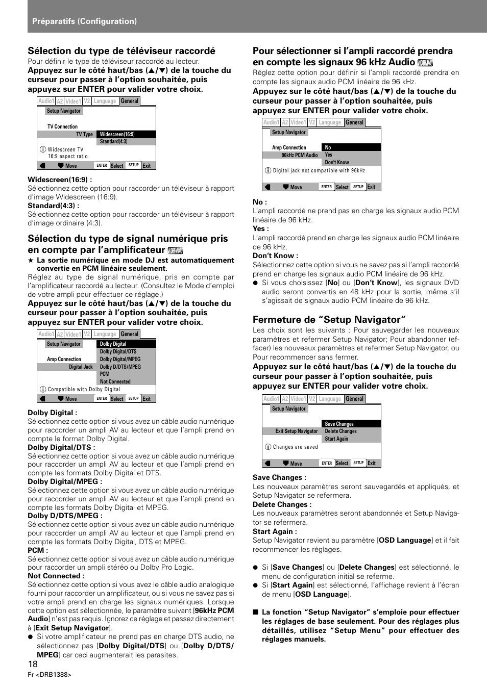 Sélection du type de téléviseur raccordé, Fermeture de “setup navigator, Préparatifs (configuration) | Pioneer DVJ-X1 User Manual | Page 72 / 308