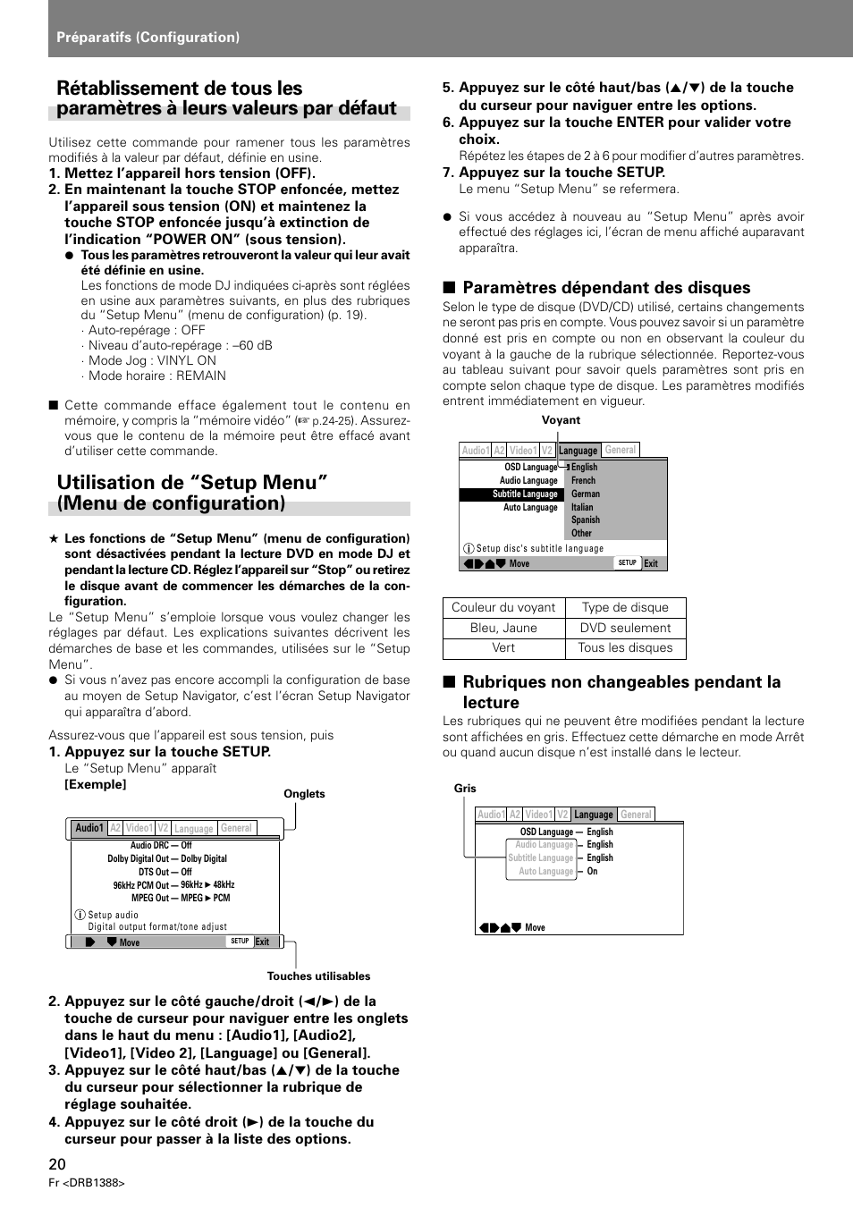 Paramètres dépendant des disques, Rubriques non changeables pendant la lecture | Pioneer DVJ-X1 User Manual | Page 74 / 308