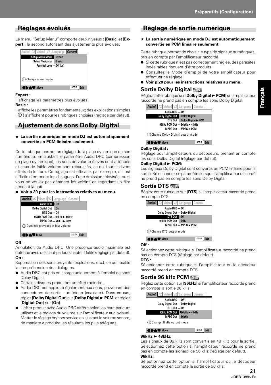 Réglages évolués, Ajustement de sons dolby digital, Réglage de sortie numérique | Fran ç ais, Sortie dolby digital, Sortie dts, Sortie 96 khz pcm, Préparatifs (configuration) | Pioneer DVJ-X1 User Manual | Page 75 / 308