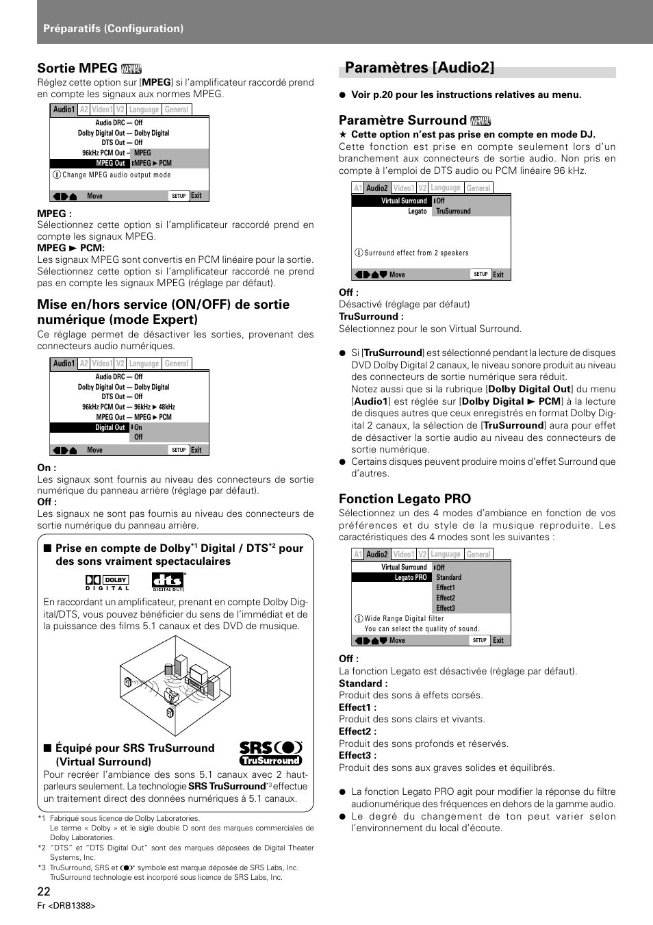 Paramètres [audio2, Sortie mpeg, Paramètre surround | Fonction legato pro | Pioneer DVJ-X1 User Manual | Page 76 / 308