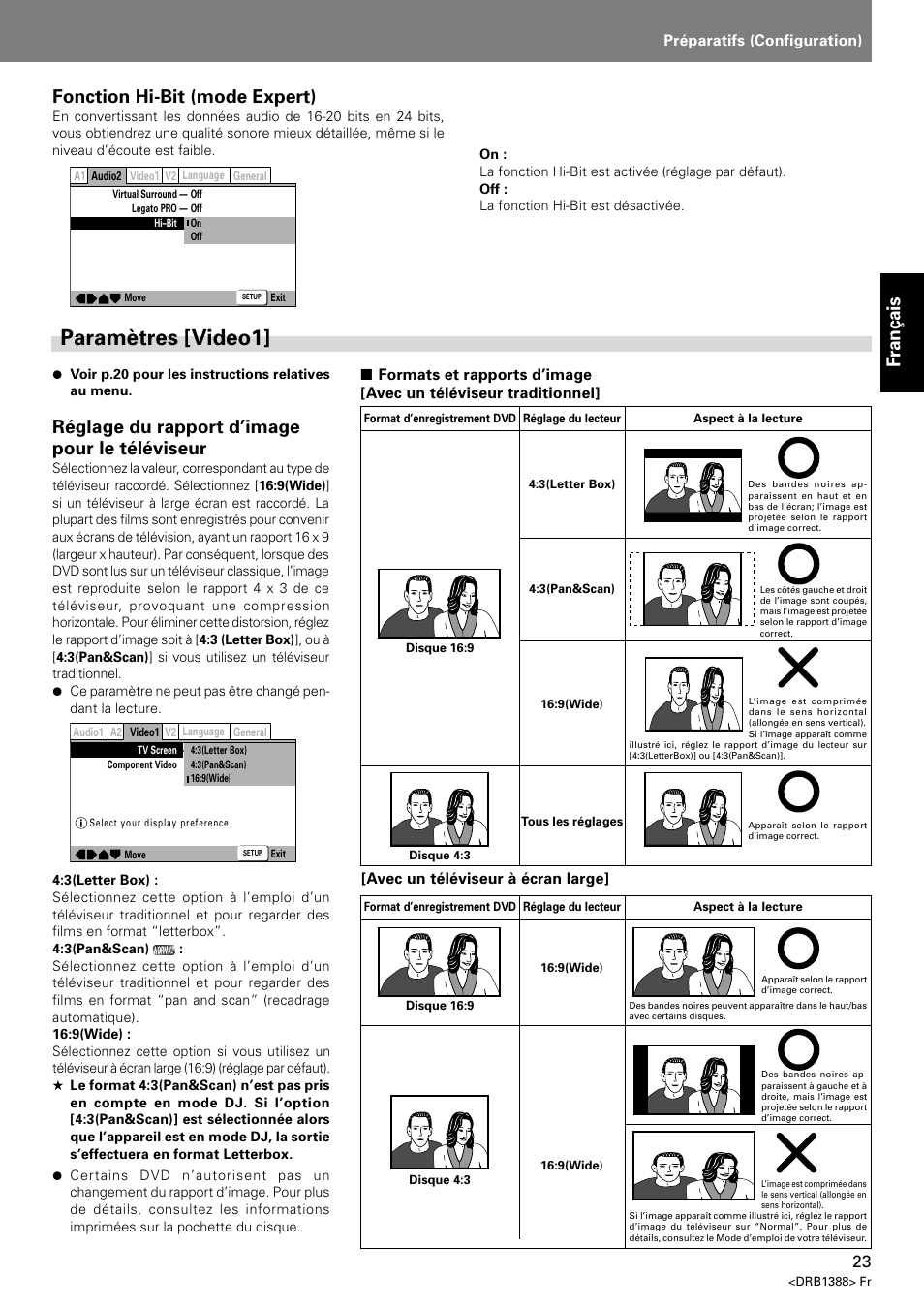 Paramètres [video1, Fran ç ais, Réglage du rapport d’image pour le téléviseur | Fonction hi-bit (mode expert), Préparatifs (configuration), Avec un téléviseur à écran large | Pioneer DVJ-X1 User Manual | Page 77 / 308