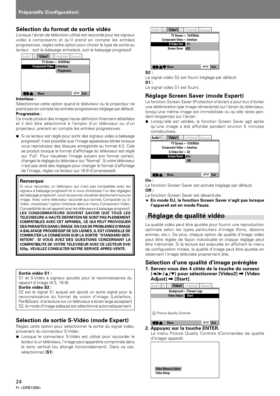 Réglage de qualité vidéo, Sélection du format de sortie vidéo, Sélection de sortie s-vidéo (mode expert) | Réglage screen saver (mode expert), Sélection d’une qualité d’image préréglée | Pioneer DVJ-X1 User Manual | Page 78 / 308