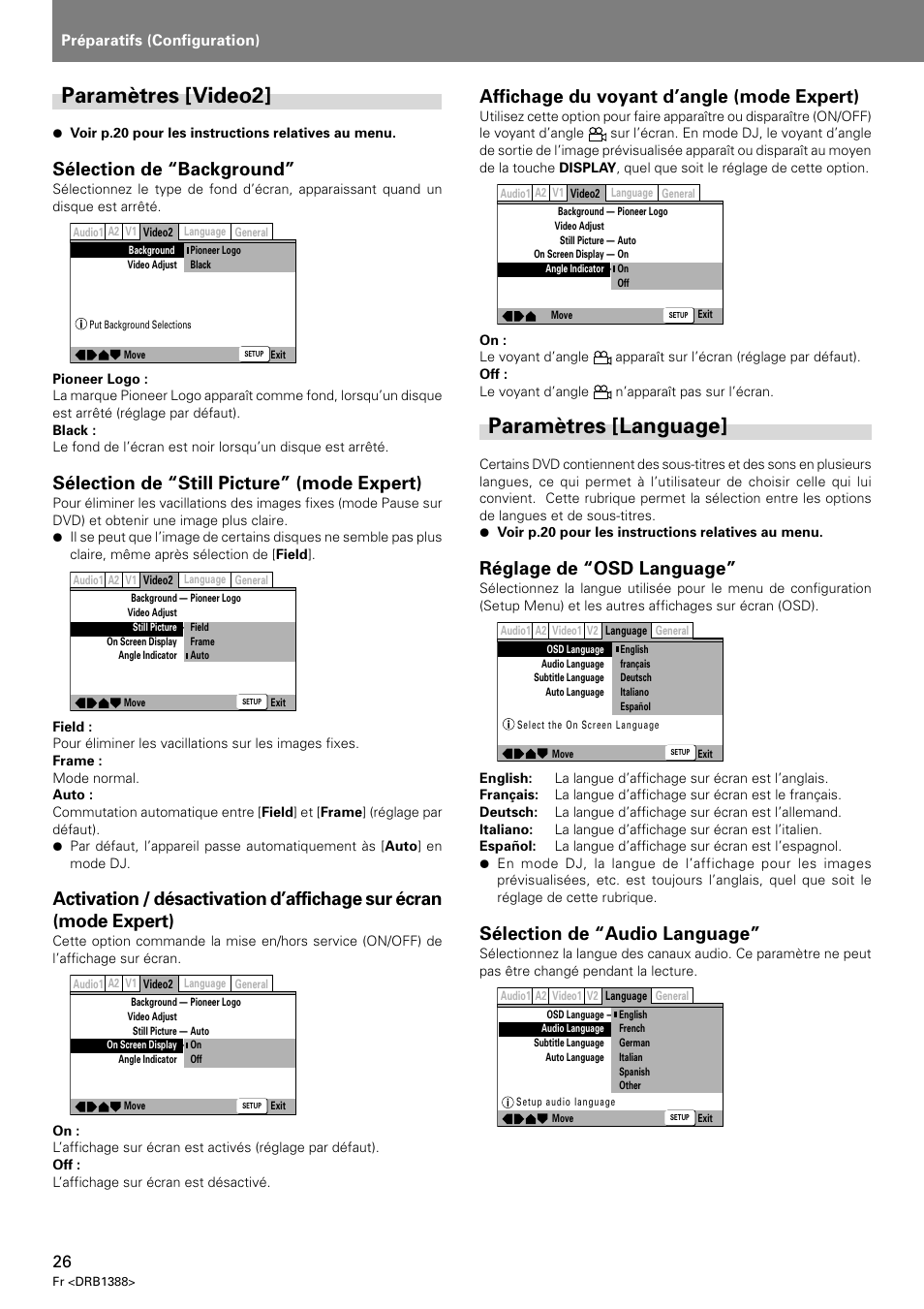 Paramètres [video2] paramètres [language, Paramètres [video2, Paramètres [language | Sélection de “background, Sélection de “still picture” (mode expert), Affichage du voyant d’angle (mode expert), Réglage de “osd language, Sélection de “audio language, Préparatifs (configuration) | Pioneer DVJ-X1 User Manual | Page 80 / 308