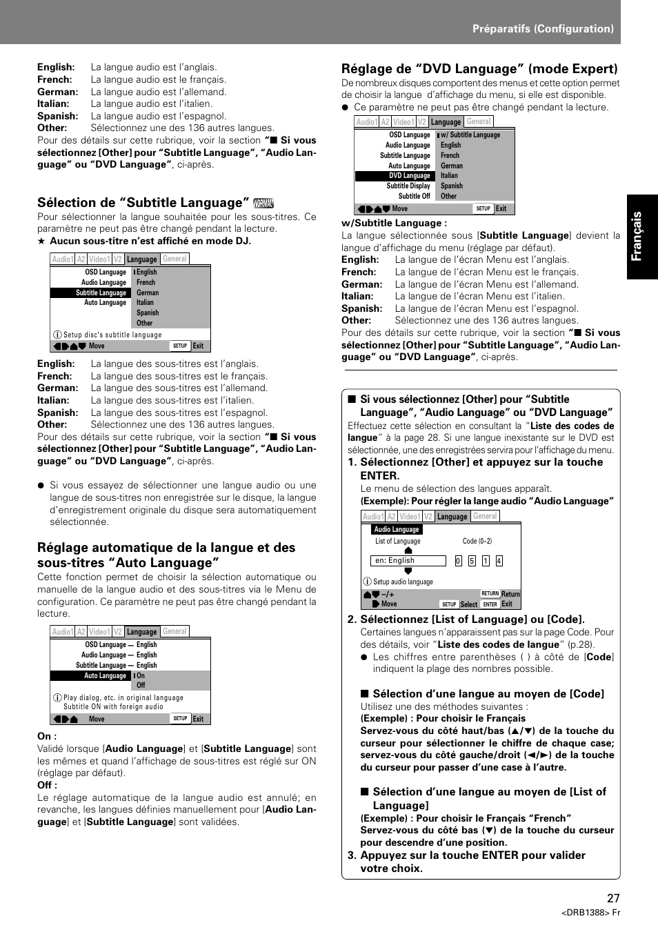 Fran ç ais, Sélection de “subtitle language, Réglage de “dvd language” (mode expert) | Pioneer DVJ-X1 User Manual | Page 81 / 308