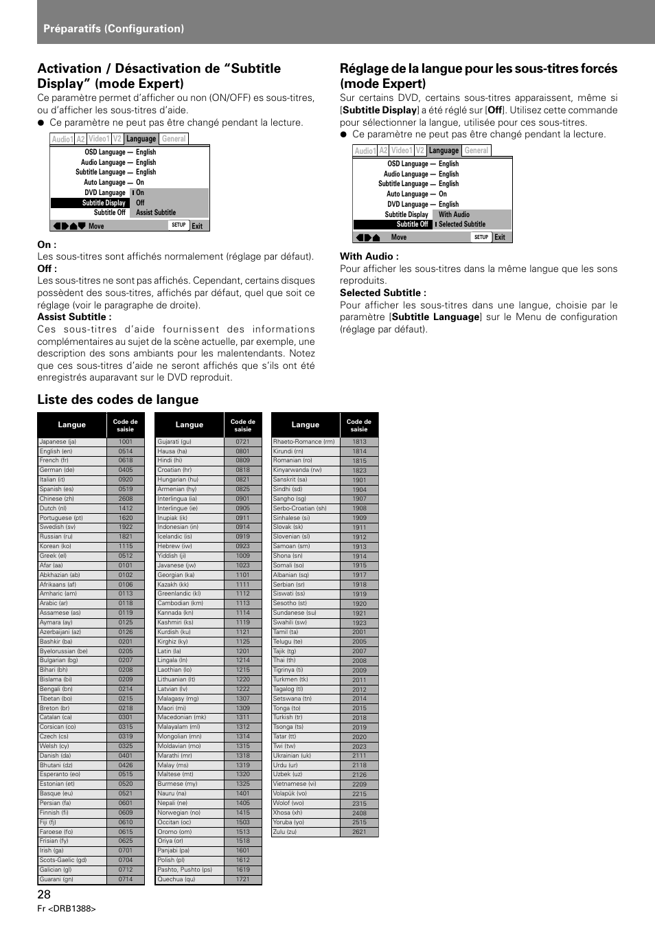 Liste des codes de langue, Préparatifs (configuration) | Pioneer DVJ-X1 User Manual | Page 82 / 308