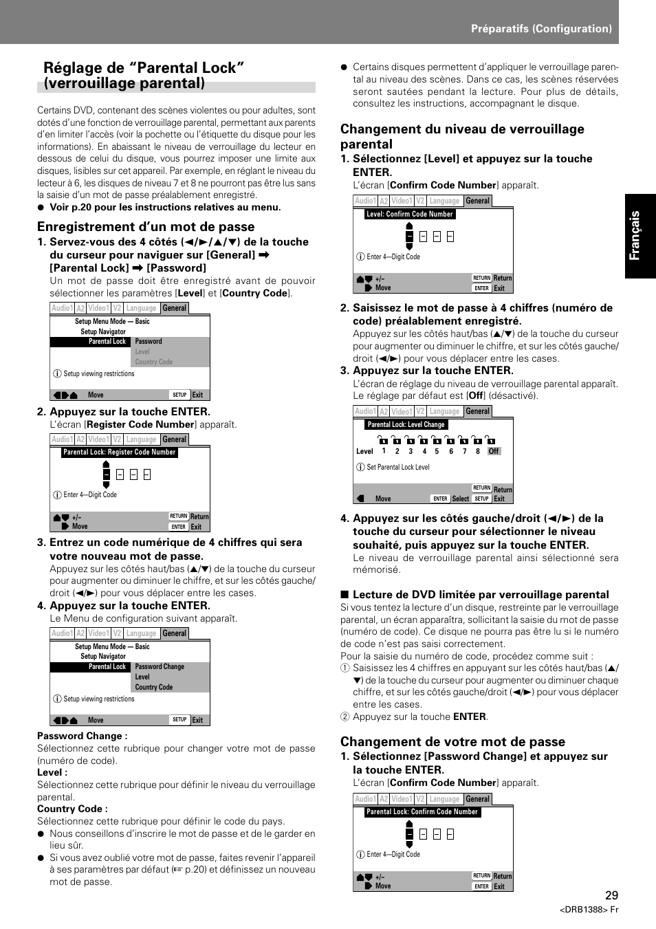 Réglage de “parental lock” (verrouillage parental), Fran ç ais, Enregistrement d’un mot de passe | Changement du niveau de verrouillage parental, Changement de votre mot de passe | Pioneer DVJ-X1 User Manual | Page 83 / 308