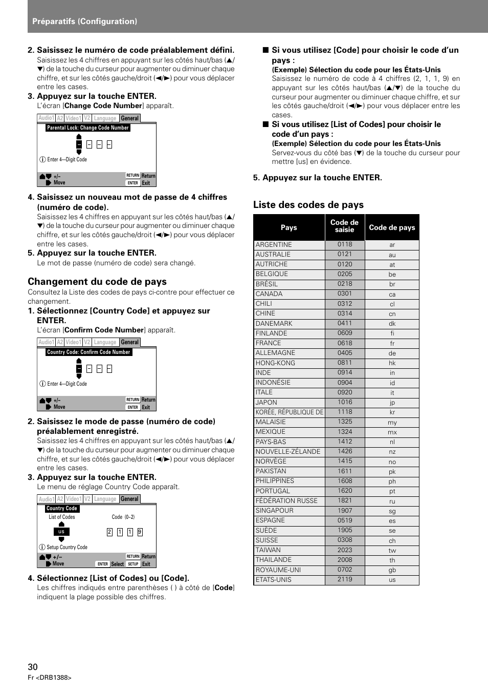 Changement du code de pays, Liste des codes de pays, Préparatifs (configuration) | Saisissez le numéro de code préalablement défini, Appuyez sur la touche enter, Sélectionnez [country code] et appuyez sur enter, Sélectionnez [list of codes] ou [code | Pioneer DVJ-X1 User Manual | Page 84 / 308