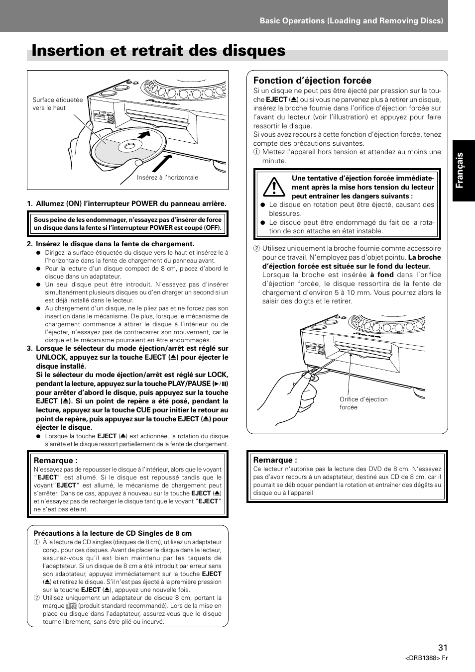 Insertion et retrait des disques, Français, Fonction d’éjection forcée | Pioneer DVJ-X1 User Manual | Page 85 / 308