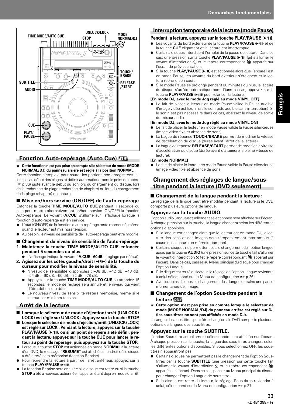 Fran ç ais, Fonction auto-repérage (auto cue), Arrêt de la lecture | Interruption temporaire de la lecture (mode pause) | Pioneer DVJ-X1 User Manual | Page 87 / 308