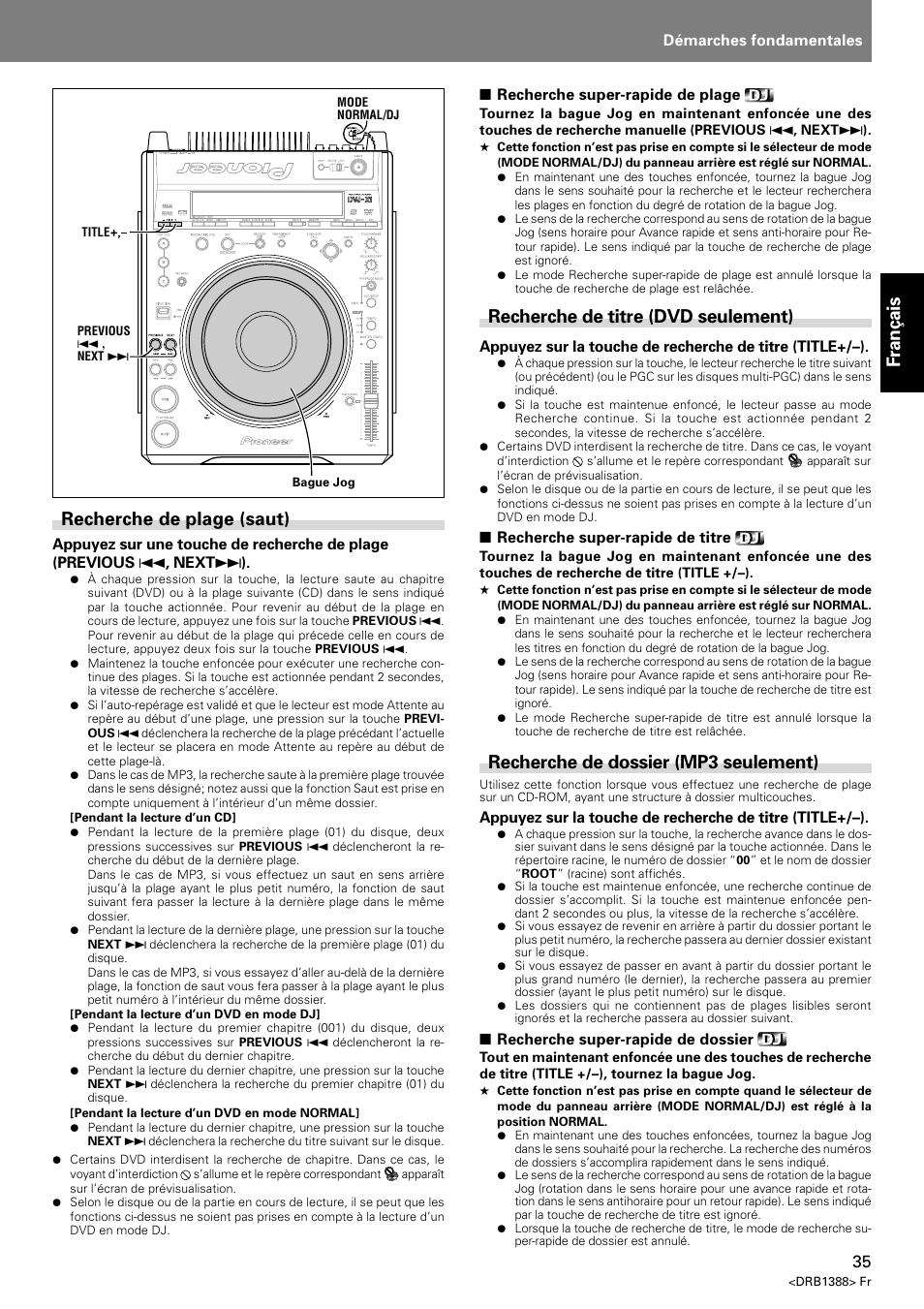 Fran ç ais, Recherche de plage (saut), Recherche de titre (dvd seulement) | Recherche de dossier (mp3 seulement) | Pioneer DVJ-X1 User Manual | Page 89 / 308