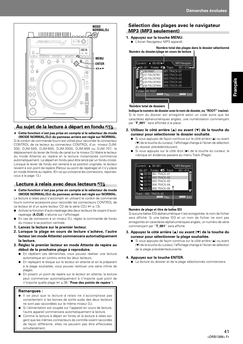 Fran ç ais lecture à relais avec deux lecteurs, Au sujet de la lecture à départ en fondu, Démarches évoluées | Remarques | Pioneer DVJ-X1 User Manual | Page 95 / 308