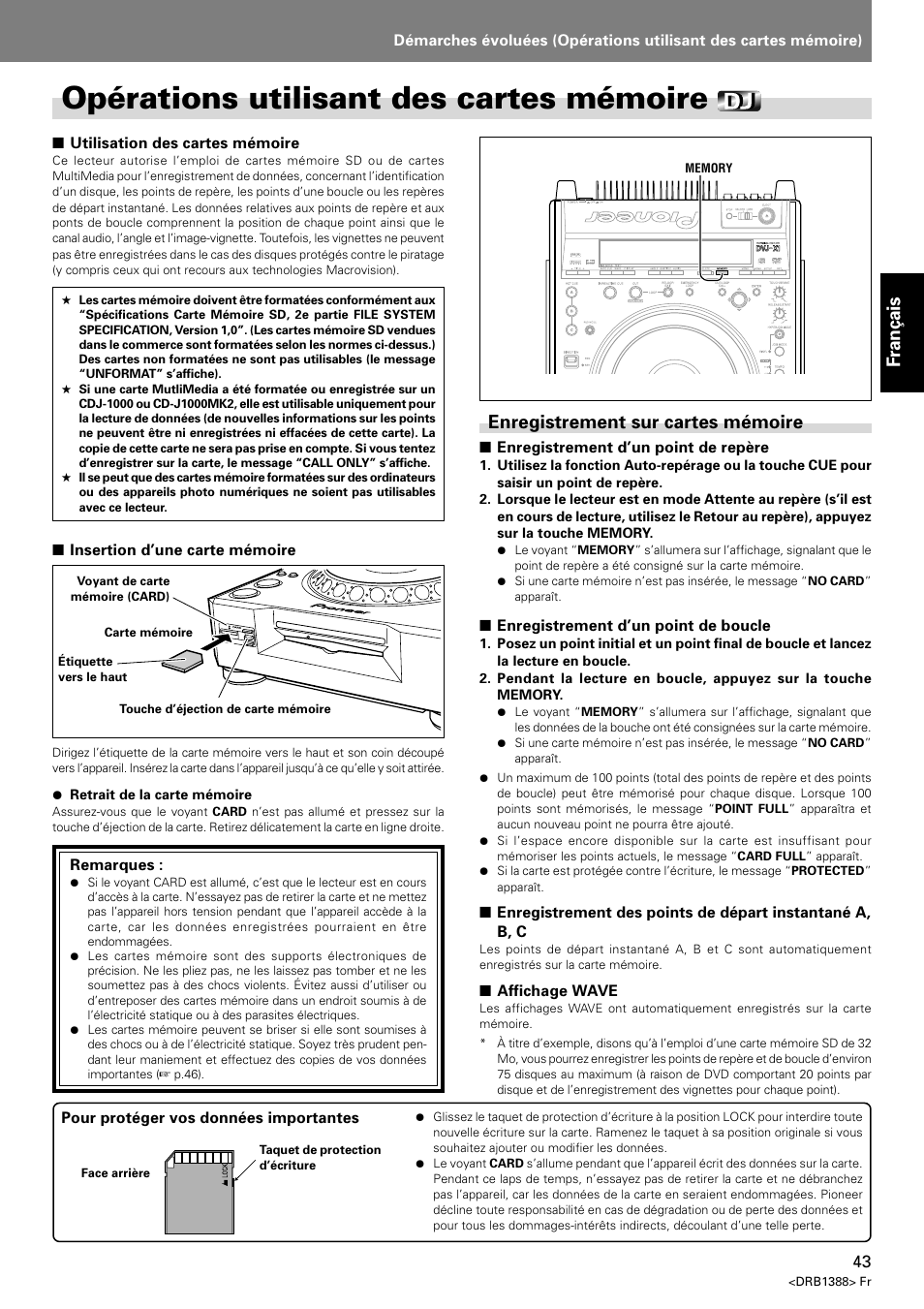 Opérations utilisant des cartes mémoire, Enregistrement sur cartes mémoire, Fran ç ais | Pioneer DVJ-X1 User Manual | Page 97 / 308