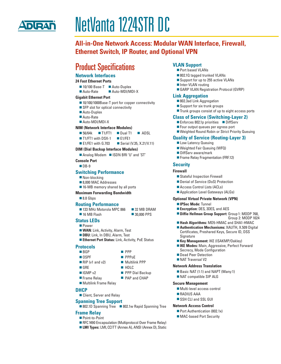 Netvanta 1224str dc, Product specifications, Network interfaces | Switching performance, Routing performance, Status leds, Protocols, Dhcp, Spanning tree support, Frame relay | ADTRAN NetVanta 1224STR DC User Manual | Page 2 / 4