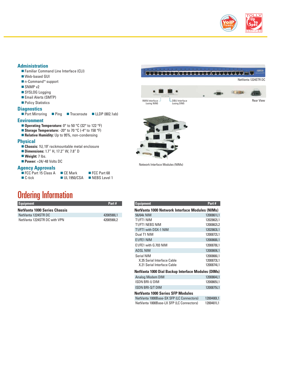 Ordering information, Administration, Diagnostics | Environment, Physical, Agency approvals | ADTRAN NetVanta 1224STR DC User Manual | Page 3 / 4