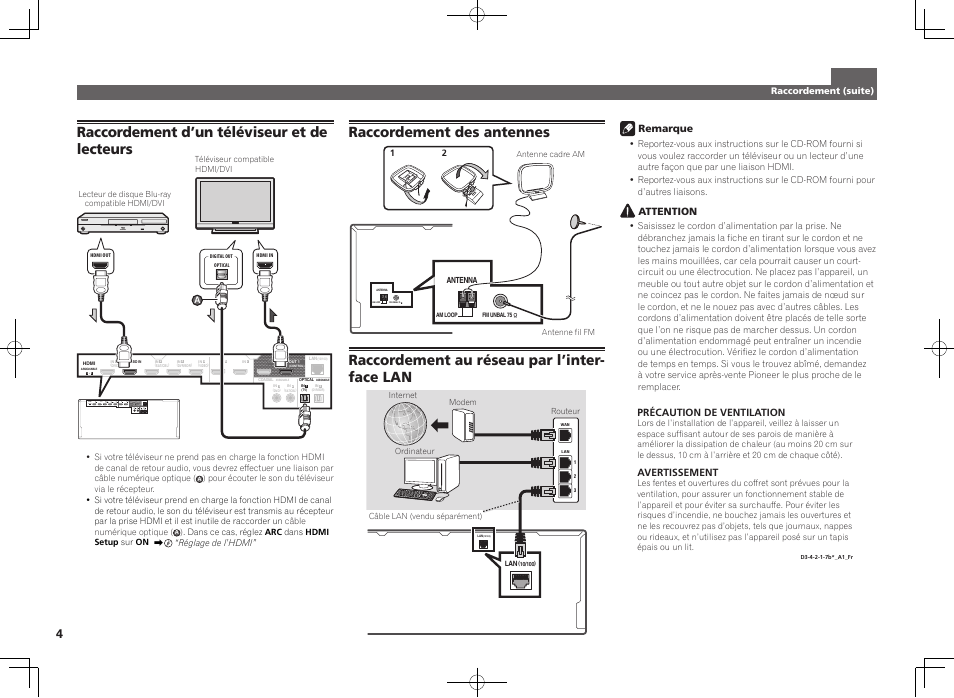 Raccordement d’un téléviseur et de lecteurs, Raccordement des antennes, Raccordement au réseau par l’inter- face lan | Pioneer SC-LX56-S User Manual | Page 10 / 48