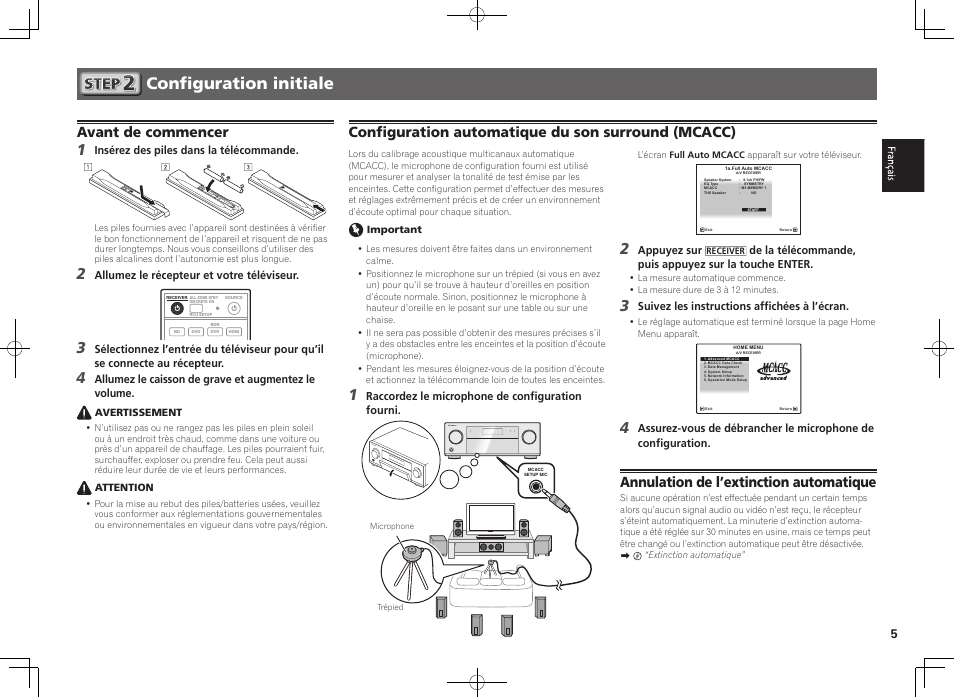 Configuration initiale, Avant de commencer, Configuration automatique du son surround (mcacc) | Annulation de l’extinction automatique | Pioneer SC-LX56-S User Manual | Page 11 / 48