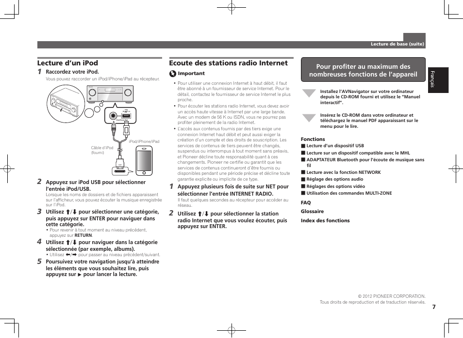 Lecture d’un ipod, Ecoute des stations radio internet | Pioneer SC-LX56-S User Manual | Page 13 / 48