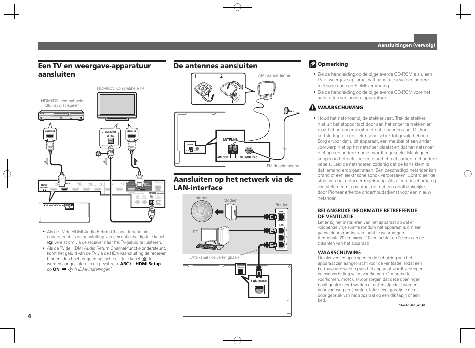 Een tv en weergave-apparatuur aansluiten, De antennes aansluiten, Aansluiten op het netwerk via de lan-interface | Pioneer SC-LX56-S User Manual | Page 28 / 48
