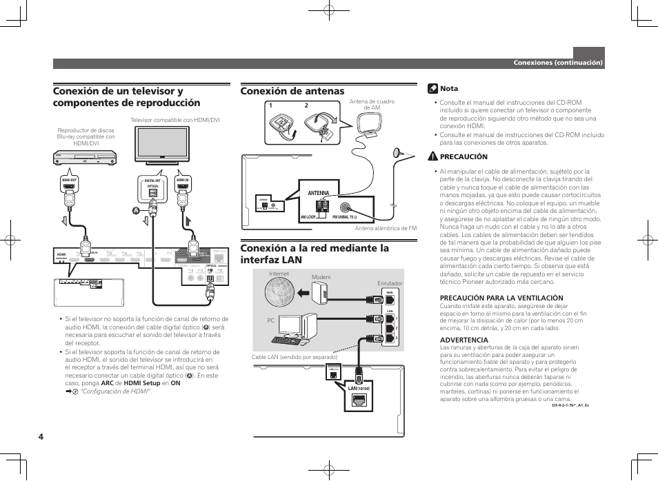 Conexión de antenas, Conexión a la red mediante la interfaz lan | Pioneer SC-LX56-S User Manual | Page 34 / 48