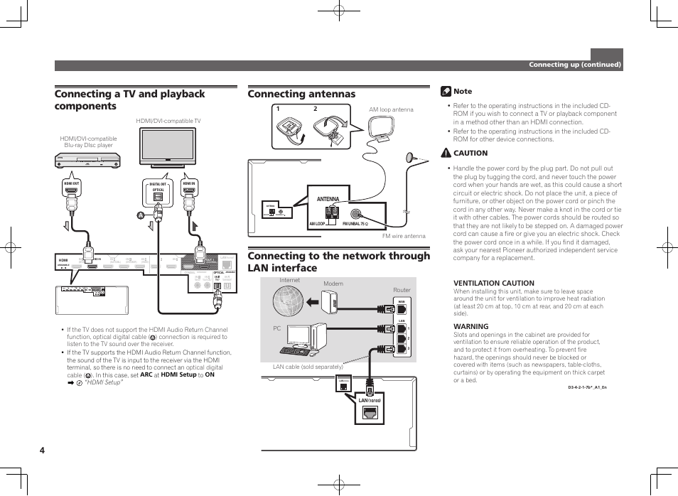 Connecting a tv and playback components, Connecting antennas, Connecting to the network through lan interface | Pioneer SC-LX56-S User Manual | Page 4 / 48