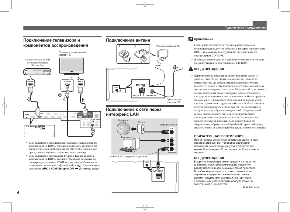 Подключение антенн, Подключение к сети через интерфейс lan | Pioneer SC-LX56-S User Manual | Page 40 / 48