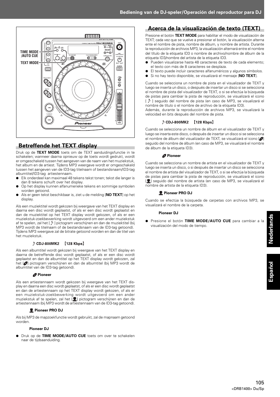 Betreffende het text display, Acerca de la visualización de texto (text), Nederlands espa ñ ol betreffende het text display | Pioneer CDJ-800 MK2 User Manual | Page 105 / 116
