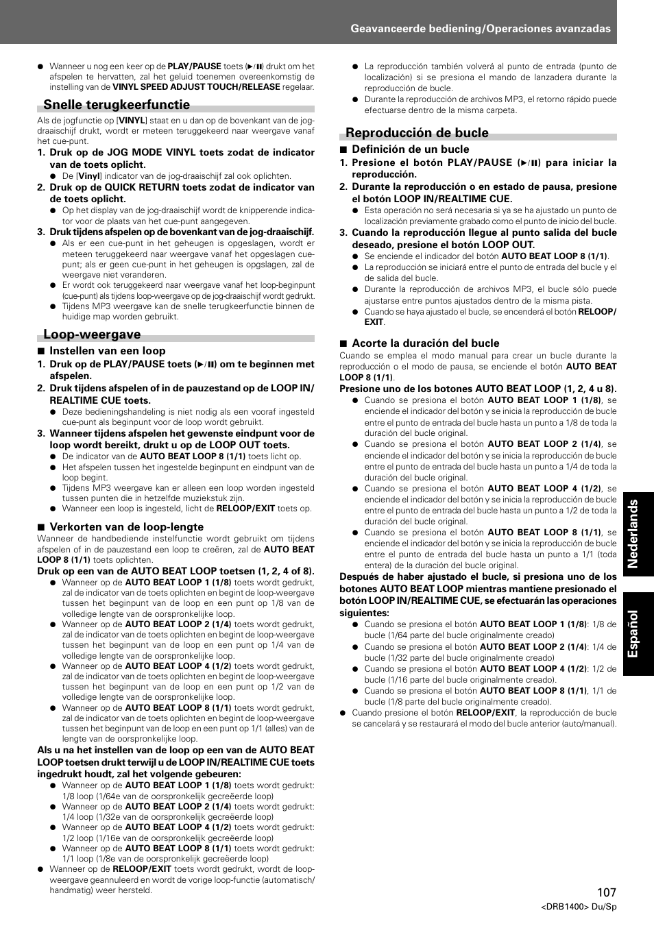 Snelle terugkeerfunctie loop-weergave, Reproducción de bucle, Nederlands espa ñ ol | Snelle terugkeerfunctie, Loop-weergave | Pioneer CDJ-800 MK2 User Manual | Page 107 / 116