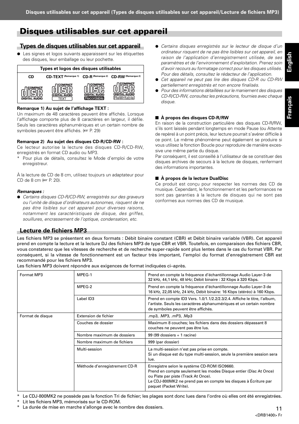 Disques utilisables sur cet appareil, English, Fran ç ais | Types de disques utilisables sur cet appareil, Lecture de fichiers mp3 | Pioneer CDJ-800 MK2 User Manual | Page 11 / 116