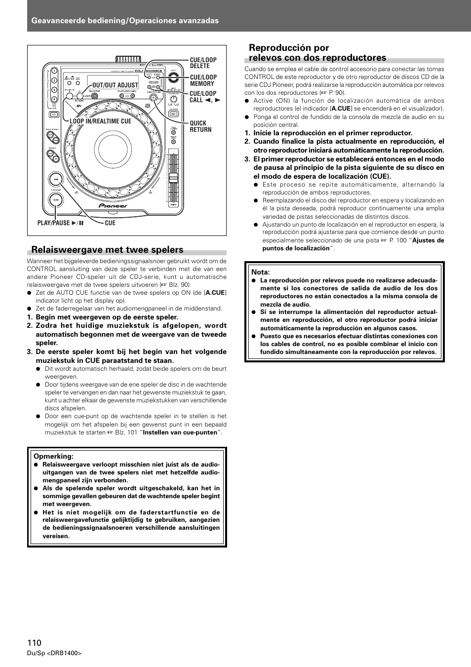 Relaisweergave met twee spelers, Reproducción por relevos con dos reproductores | Pioneer CDJ-800 MK2 User Manual | Page 110 / 116