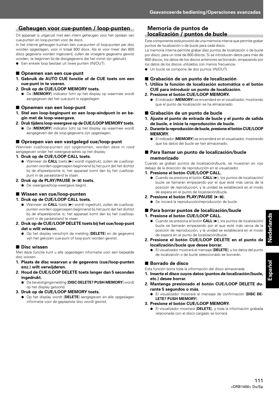 Geheugen voor cue-punten / loop-punten | Pioneer CDJ-800 MK2 User Manual | Page 111 / 116
