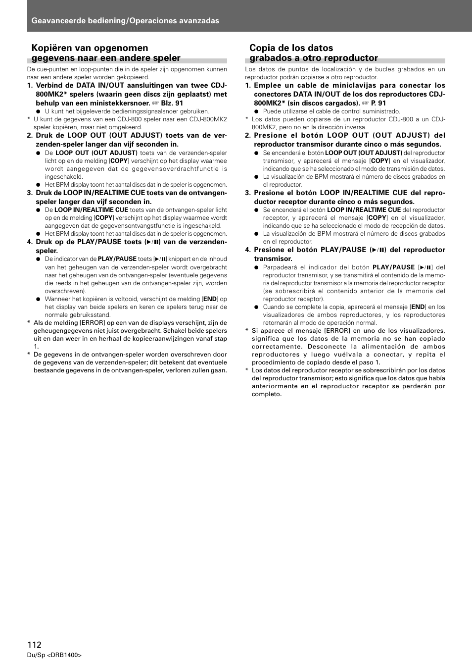 Copia de los datos grabados a otro reproductor | Pioneer CDJ-800 MK2 User Manual | Page 112 / 116