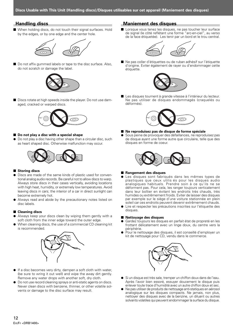Handling discs, Maniement des disques | Pioneer CDJ-800 MK2 User Manual | Page 12 / 116