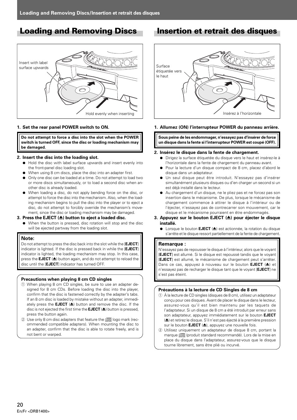 Loading and removing discs, Insertion et retrait des disques | Pioneer CDJ-800 MK2 User Manual | Page 20 / 116