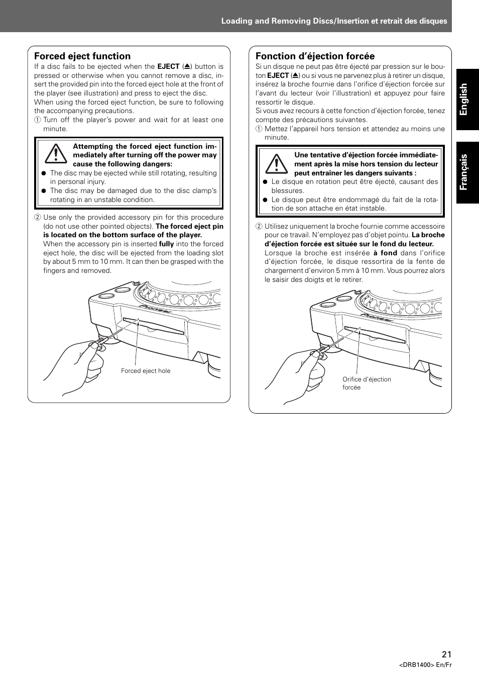 English fran ç ais, Fonction d’éjection forcée, Forced eject function | Pioneer CDJ-800 MK2 User Manual | Page 21 / 116