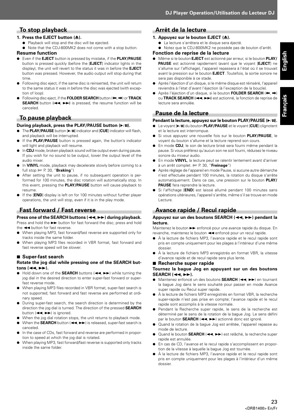 English fran ç ais, Arrêt de la lecture, Pause de la lecture | Avance rapide / recul rapide, Fast forward / fast reverse | Pioneer CDJ-800 MK2 User Manual | Page 23 / 116