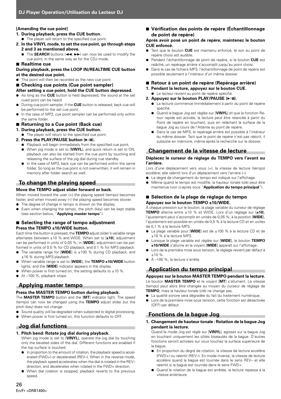 Changement de la vitesse de lecture, Application du tempo principal, Fonctions de la bague jog | Applying master tempo, Jog dial functions | Pioneer CDJ-800 MK2 User Manual | Page 26 / 116