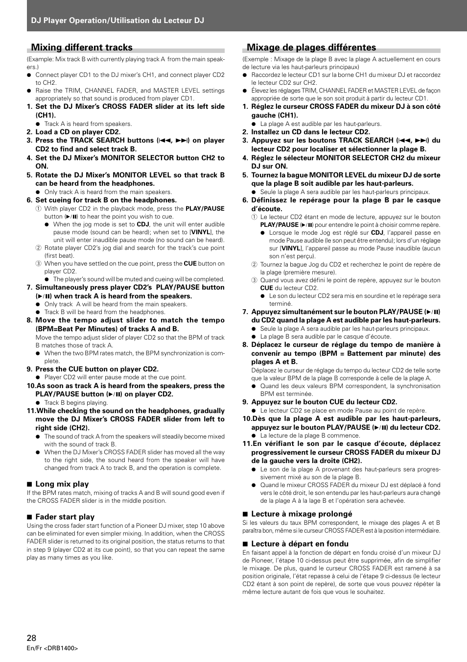 Mixing different tracks, Mixage de plages différentes | Pioneer CDJ-800 MK2 User Manual | Page 28 / 116