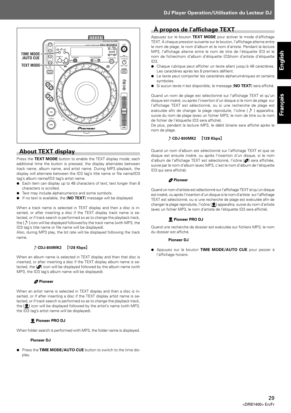 About text display, À propos de l’affichage text, English fran ç ais | Pioneer CDJ-800 MK2 User Manual | Page 29 / 116