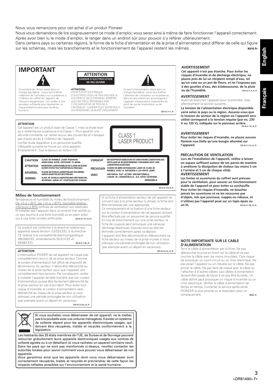 Important, Class 1 laser product, English français | Attention | Pioneer CDJ-800 MK2 User Manual | Page 3 / 116