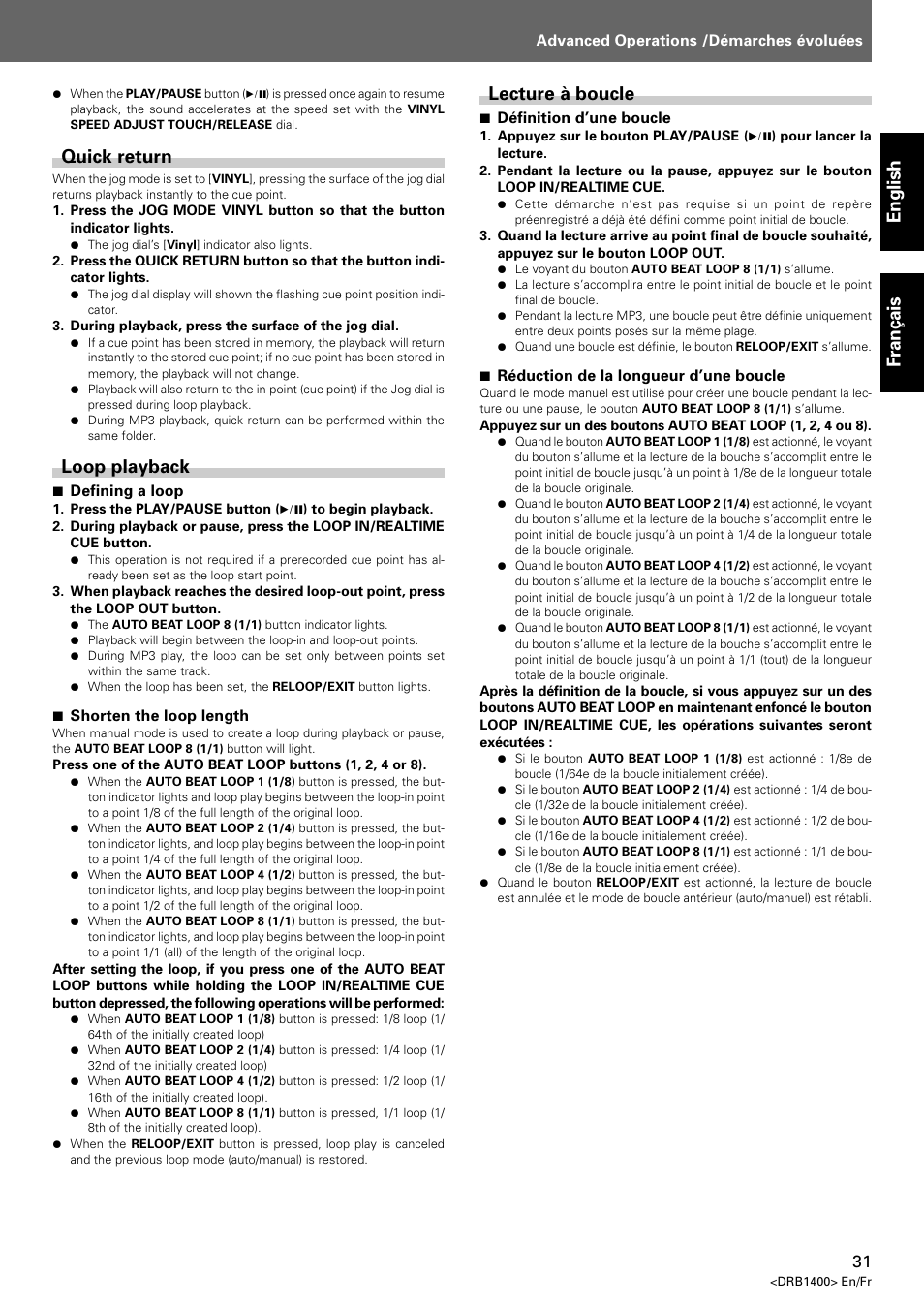 Quick return loop playback, Lecture à boucle, English fran ç ais lecture à boucle | Quick return, Loop playback | Pioneer CDJ-800 MK2 User Manual | Page 31 / 116