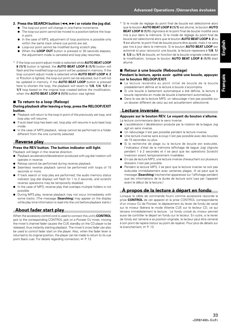 Reverse play about fader start play, English fran ç ais, Reverse play | About fader start play, Lecture inversée, À propos de la lecture à départ en fondu | Pioneer CDJ-800 MK2 User Manual | Page 33 / 116